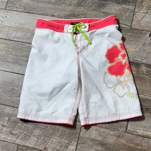 Nautica Red and White Swim Shorts with Green Drawstring